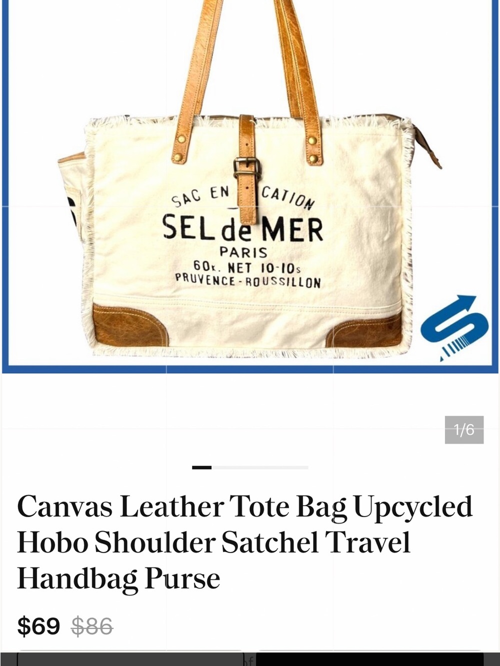 Upcycled Canvas Tote Bag with Brown Leather Trim - Cream